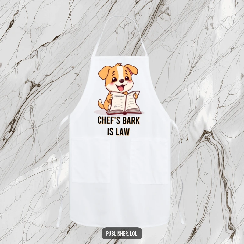 Funny Apron: Happy dog character barks enthusiastically at a finished manuscript, perfect for a celebratory cook.
