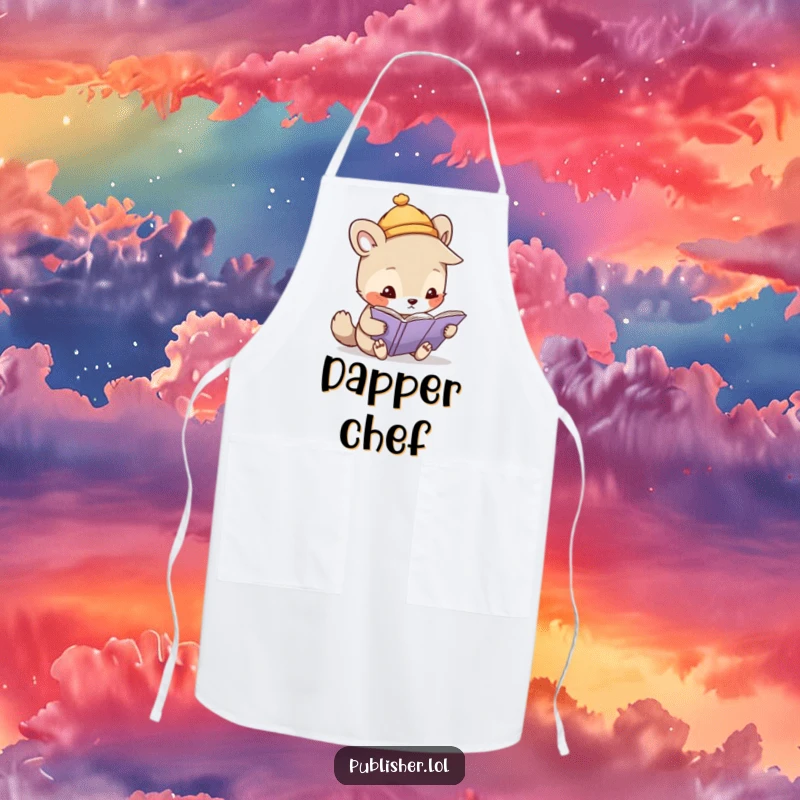 Funny apron showing a whimsical animal in a tiny hat, closely inspecting a page with a magnifying glass, perfect for chefs.