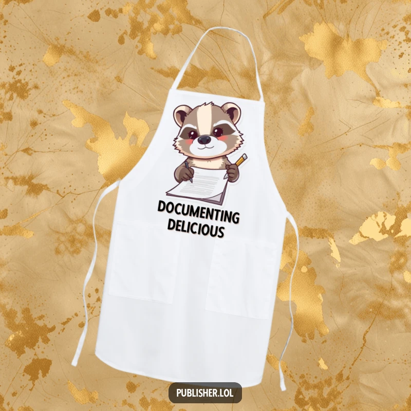 Funny badger apron, determinedly signing a document with a flourish while cooking, a humorous and practical kitchen accessory.