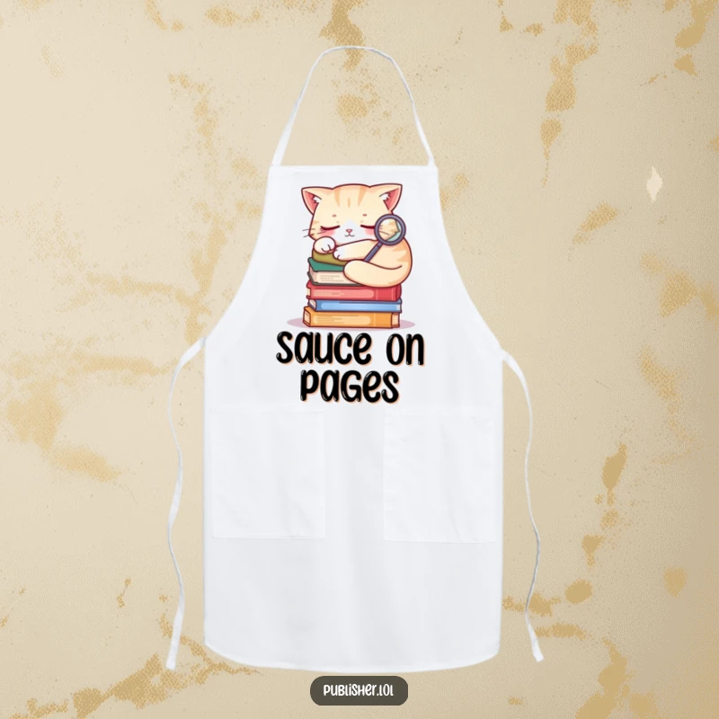 Funny sleepy cat on books, holding a magnifying glass, humorous kitchen apron for cooking enthusiasts.