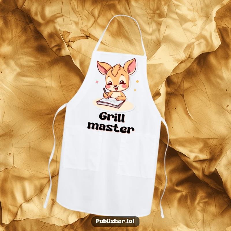 Funny fawn apron featuring a joyful character signing a document with a cheerful flourish, bringing humor and celebration to the kitchen.