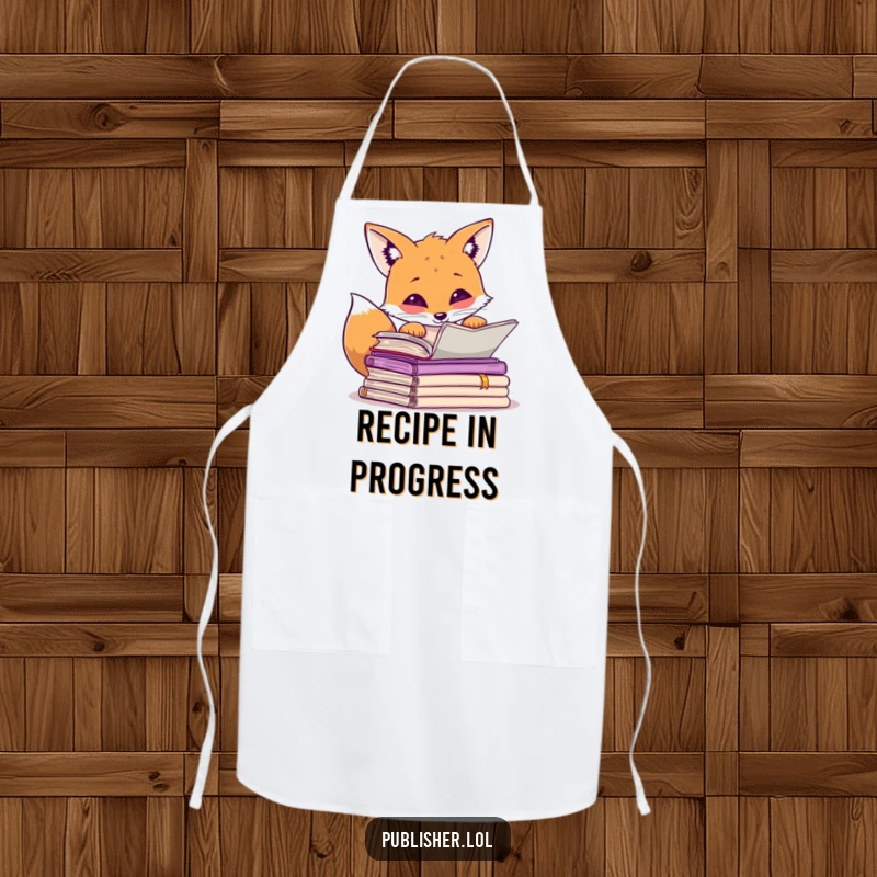 Funny curious fox peering over manuscripts, paw raised in thought, humorous kitchen apron for chefs.