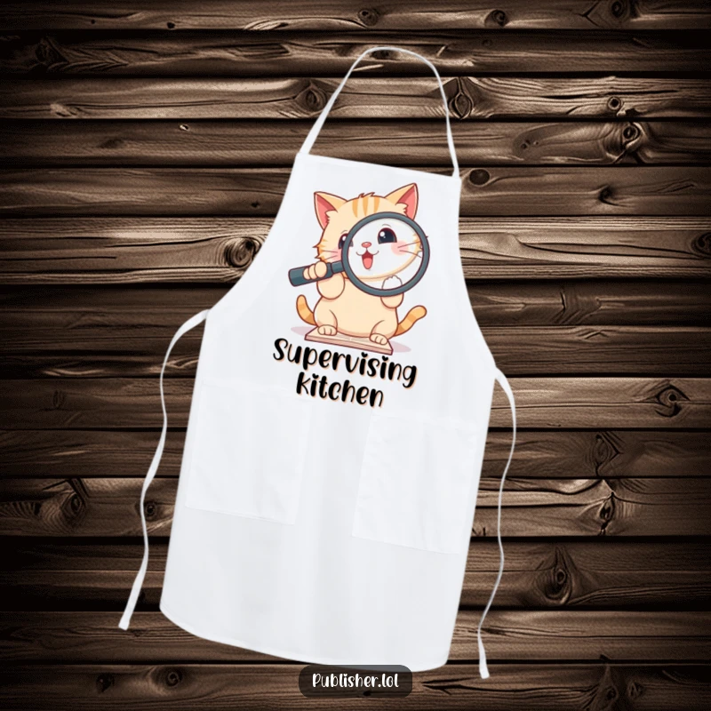 Funny apron with a cute cat holding a magnifying glass over a document, perfect for adding witty humor to the kitchen.