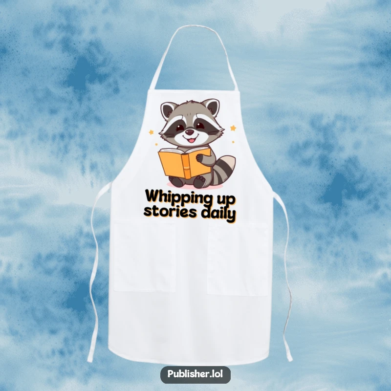Funny apron featuring a happy raccoon artistically binding books, ideal for the creative cook who loves literature and a good laugh.
