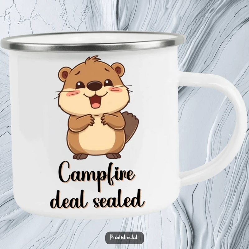 Funny Camping Mug featuring a delighted beaver giving a deal closed gesture and handshake, bringing humorous celebration to outdoor adventures.