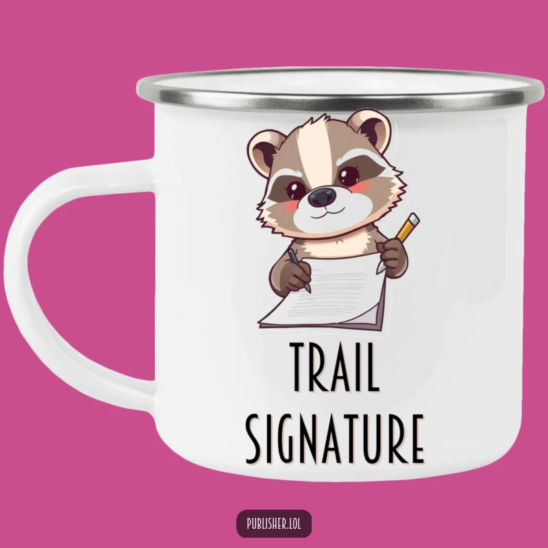 Funny Badger Signing Camping Mug, Determined Outdoor Gear, Hilarious Adventure Cup