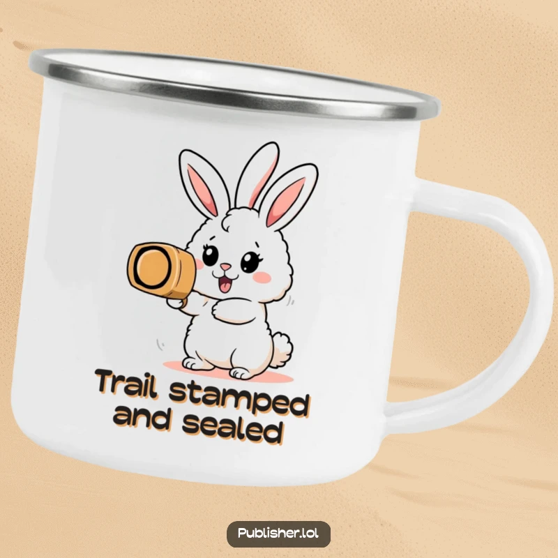 Funny camping mug with an enthusiastic bunny character stamping a colossal rubber stamp, designed for productive outdoor adventures.