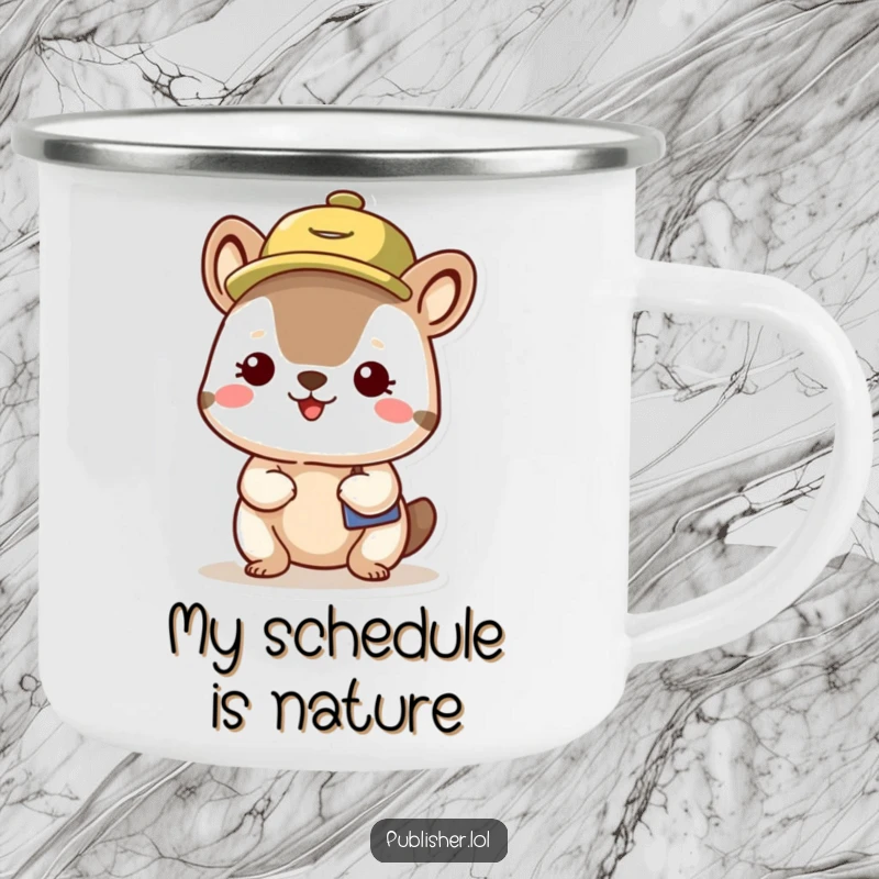 Funny Busy Schedule Animal Camping Mug showing an organized character with a planning hat, ready for outdoor adventures and hot beverages.
