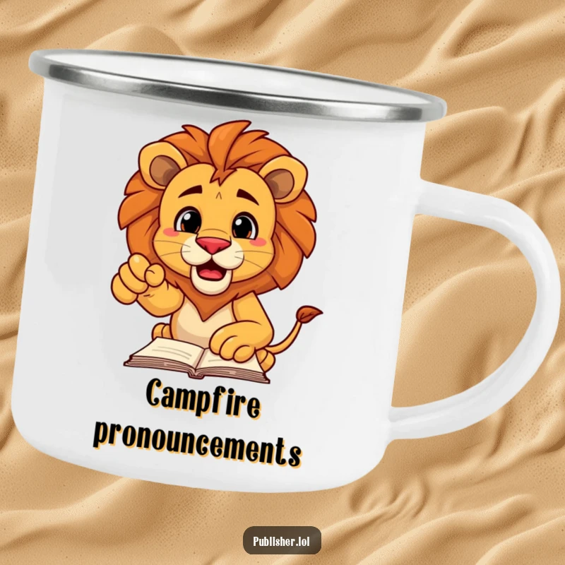 Funny camping mug featuring a decisive lion character pointing authoritatively at a manuscript, ideal for outdoor adventurers who lead with pride.