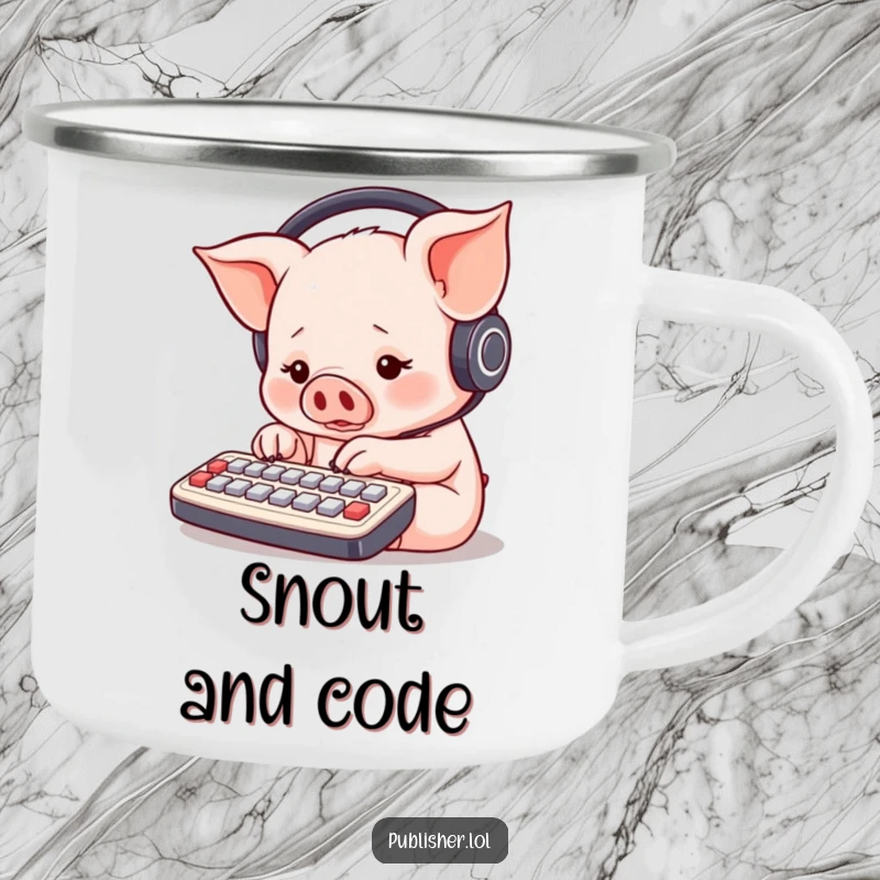 Funny piglet with headphones, typing on a tiny keyboard, camping mug design for outdoor enthusiasts and humor lovers.