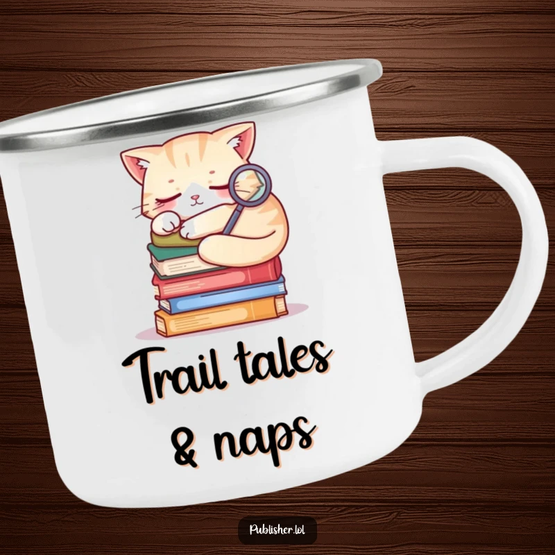 Funny sleepy cat on books, holding a magnifying glass, camping mug design for outdoor mystery lovers.