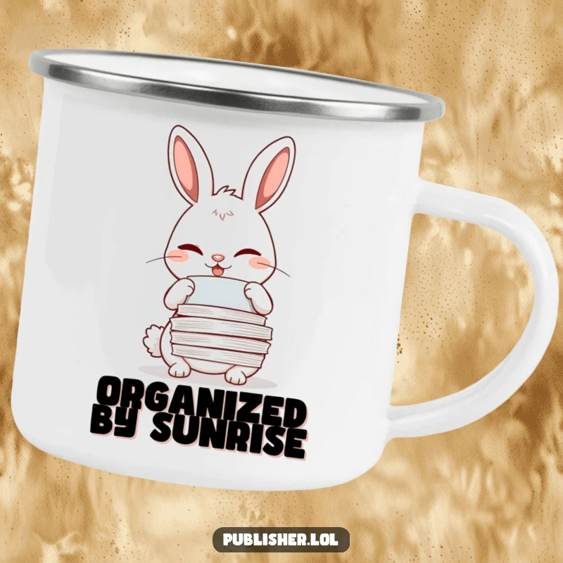 Funny winking rabbit adjusting papers with a meticulous grin on a durable camping mug.