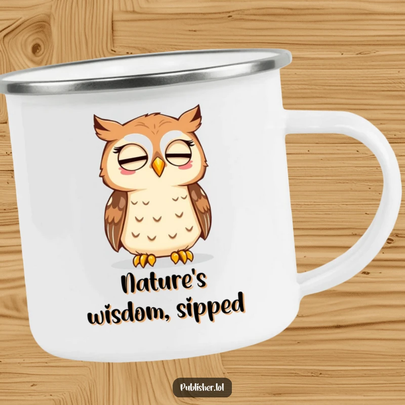 Funny camping mug with a thoughtful owl nodding approval at a printed page, for outdoor readers who appreciate wisdom and humor.