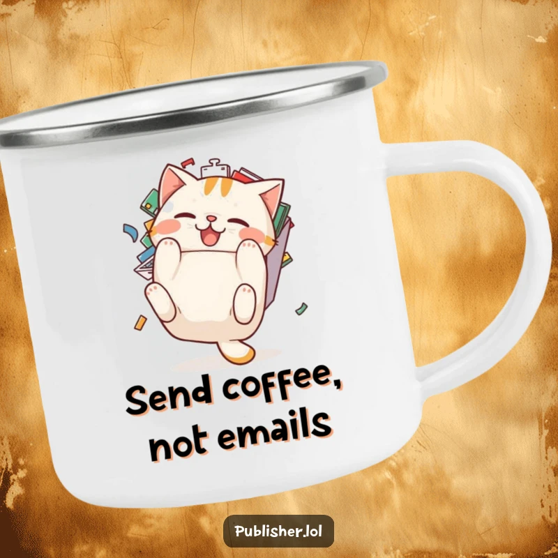 Funny cat camping mug: a pudgy cat character comically tumbles backward from an overflowing email inbox, for outdoor use.