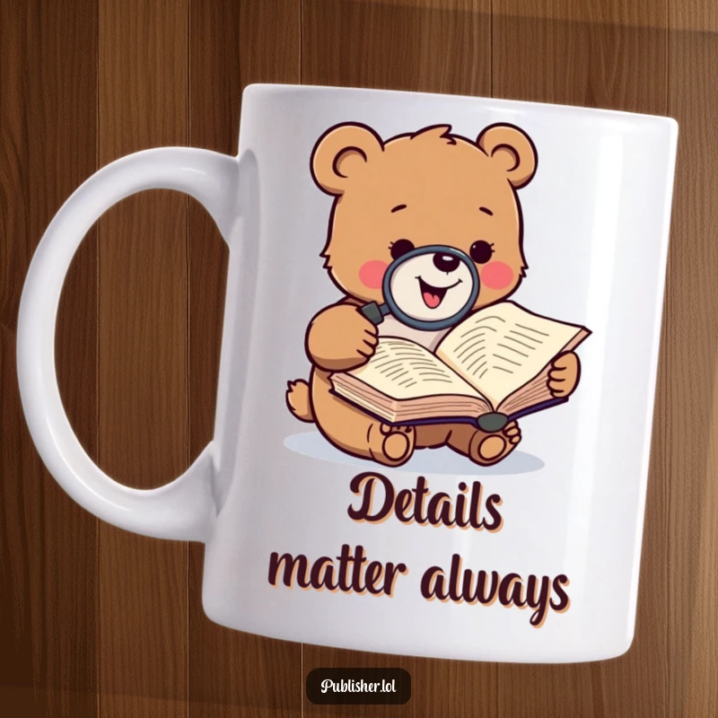 Funny mug showing a small, gleeful bear character intently examining a manuscript with a magnifying glass, symbolizing deep thought and bookish humor.