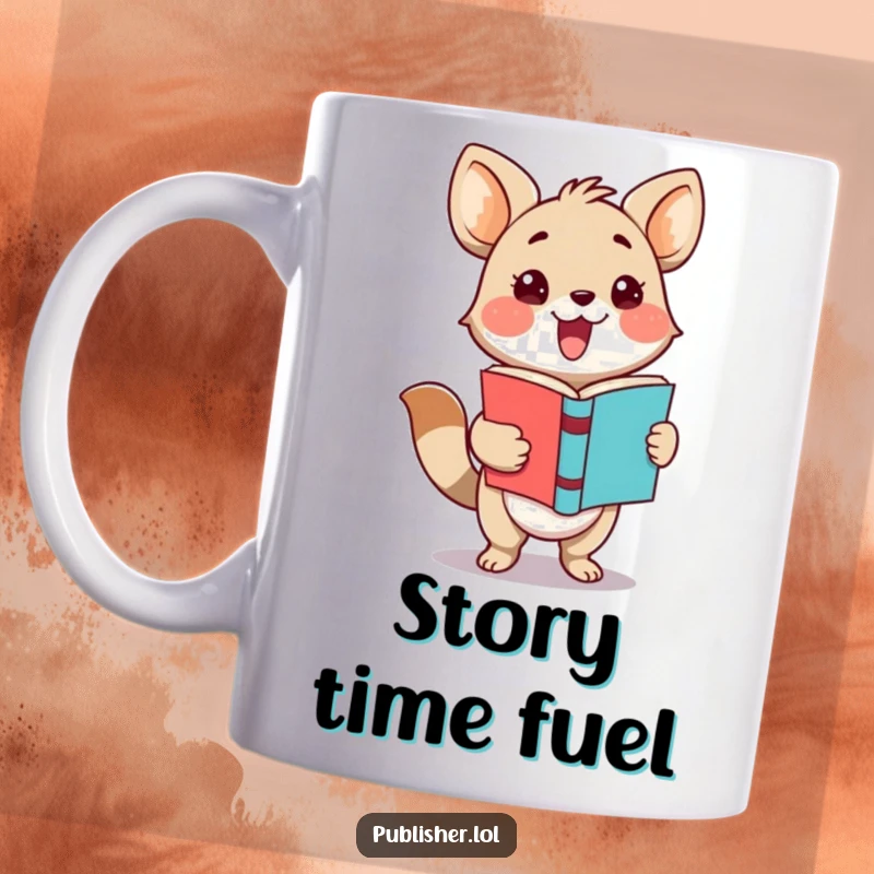 Funny mug featuring an adorable animal character proudly and enthusiastically presenting a completed book with a joyful flourish.