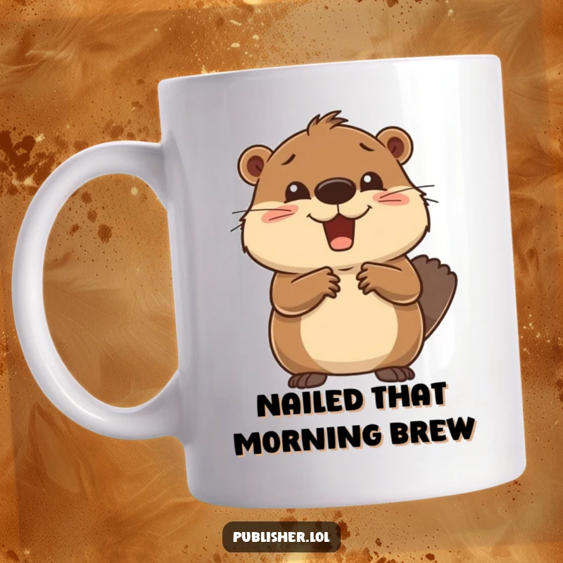 Funny Mug featuring a delighted beaver making a deal-closed gesture with wide eyes and a handshake, celebrating successful business transactions humorously.