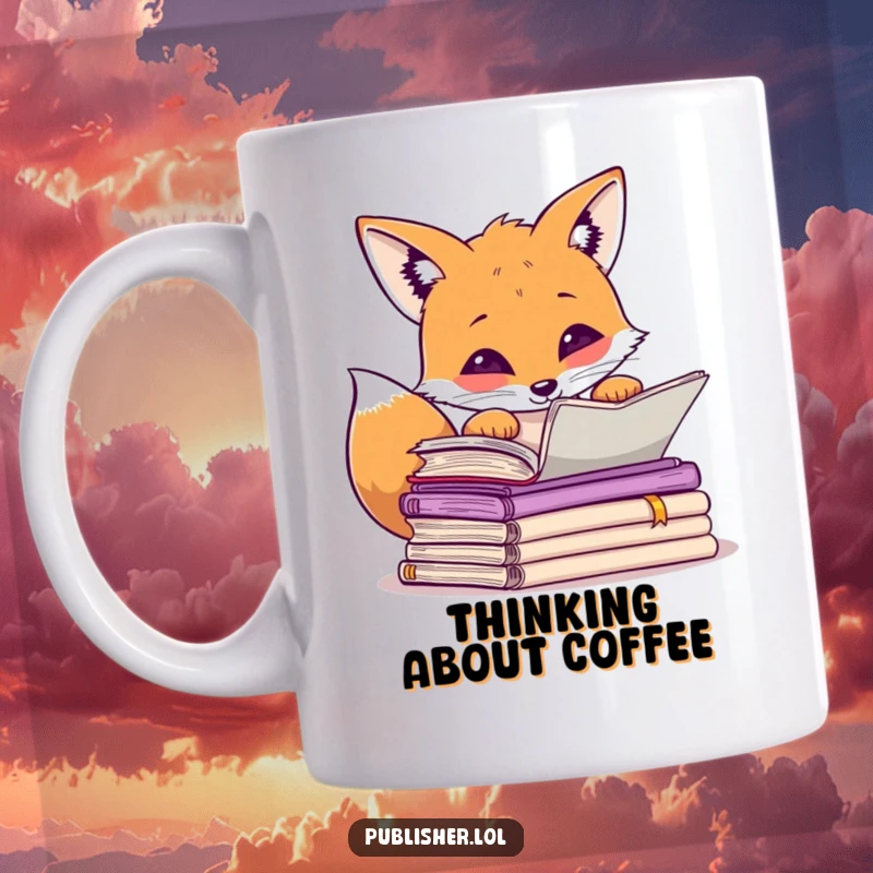 Funny curious fox peering over manuscripts, paw raised in thought, mug design for writers and thinkers.