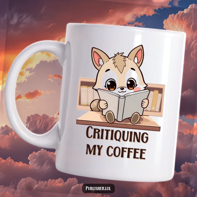 Funny Mug: A kawaii animal character with wide, focused eyes meticulously reviews a large manuscript.