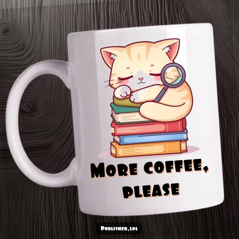 Funny sleepy cat curled on books, holding a magnifying glass, mug design for book lovers and cozy mystery fans.