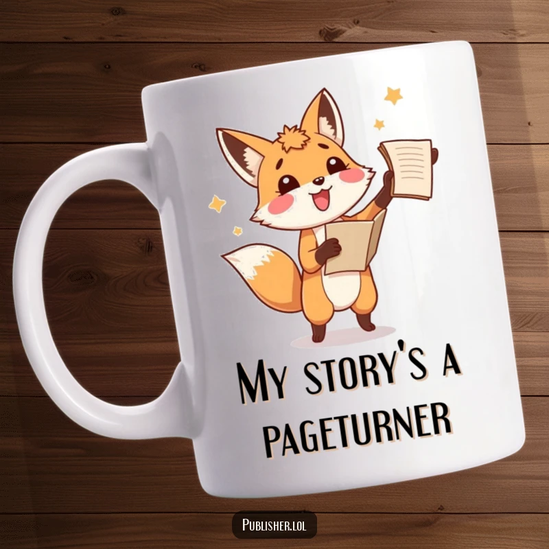 Funny fox mug, playfully tossing a manuscript in the air with absolute amusement, celebrating literary fun and writer's joy.