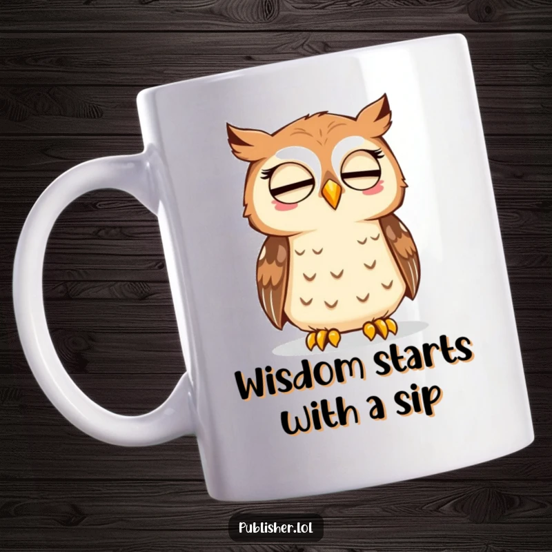 Funny mug with a thoughtful owl nodding approvingly at a freshly printed page, celebrating the joy of reading and knowledge.
