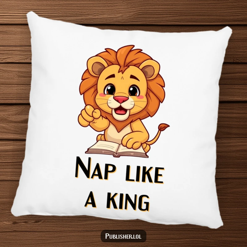 Funny pillow featuring a decisive lion character pointing authoritatively at a manuscript, offering regal comfort and a touch of humor.