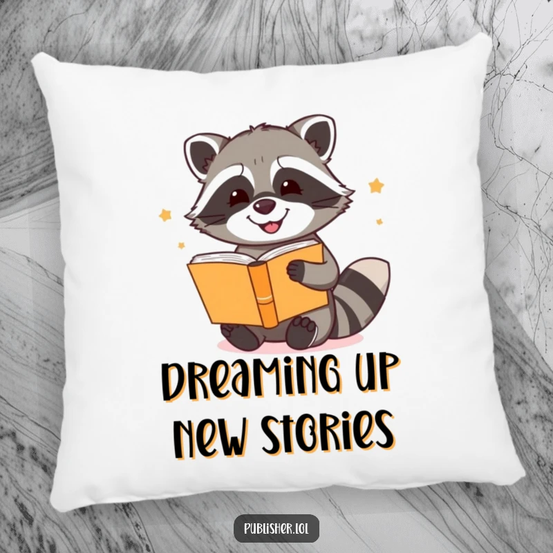 Funny pillow illustrating a happy raccoon enthusiastically engaged in bookbinding, providing comfort and literary cheer, a humorous decorative accent.