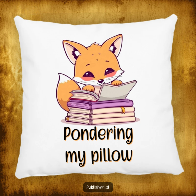 Funny curious fox peering over manuscripts, paw raised in thought, soft and humorous pillow design.