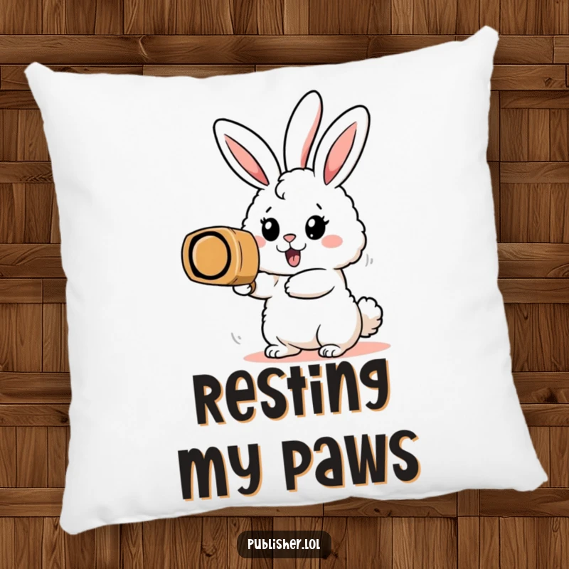 Funny throw pillow with an enthusiastic bunny character stamping a colossal rubber stamp, adding playful motivation to any space.