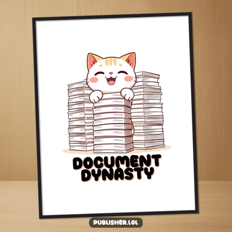 Funny Kawaii Cat Digital Art Print showing a happy cat enthusiastically stacking colossal piles of documents, expressing office humor.
