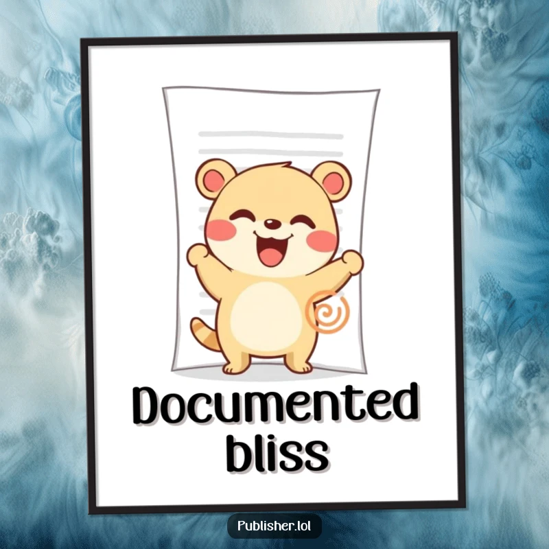Funny Digital Art Print: A cute animal character grins widely while enthusiastically stamping a large document.