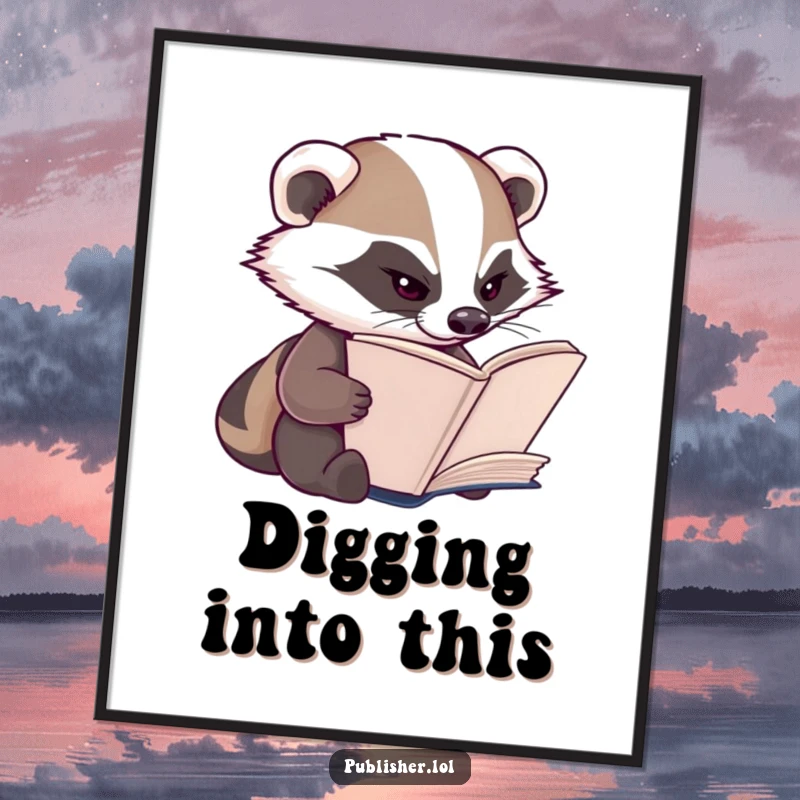 Funny Badger Digital Art Print: A diligent badger character inspects book pages with a determined squint, symbolizing focus.