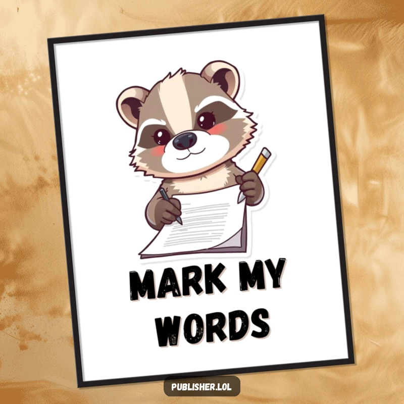 Funny badger digital art print, determinedly signing a document with a flourish, ideal for humorous and motivational decor.