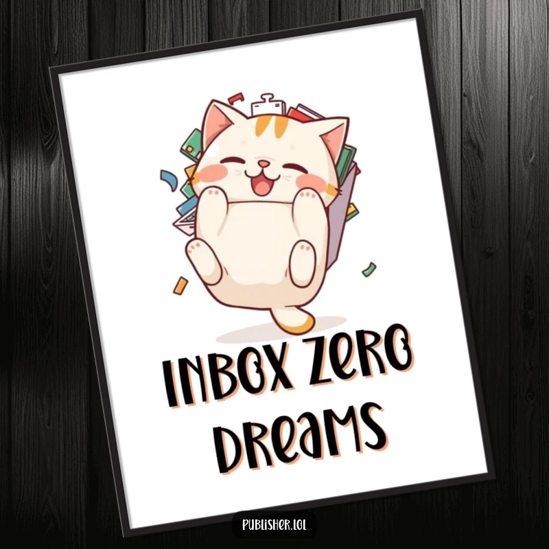 Funny cat digital print: a pudgy cat character comically tumbles backward from an overflowing email inbox, wall art.