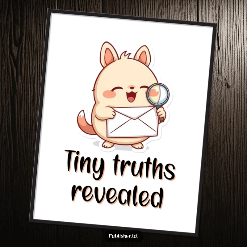 Funny digital art print of a round animal character inspecting a letter with a magnifying glass, perfect for adding a touch of mystery decor.