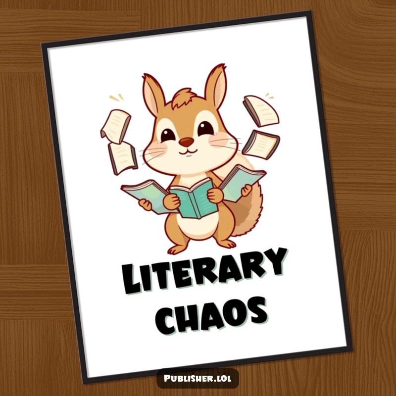 Funny squirrel digital art print showing a determined character comically juggling a stack of manuscripts, perfect for expressive and humorous wall decor.