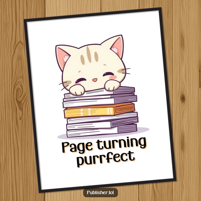 Funny Digital Art Print: Curious cat character peeks over printed pages, instant charming literary decor.