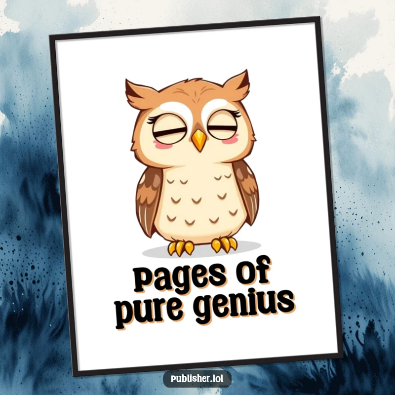 Funny digital art print of a wise owl nodding approval at a freshly printed page, perfect for intellectual decor and humor lovers.