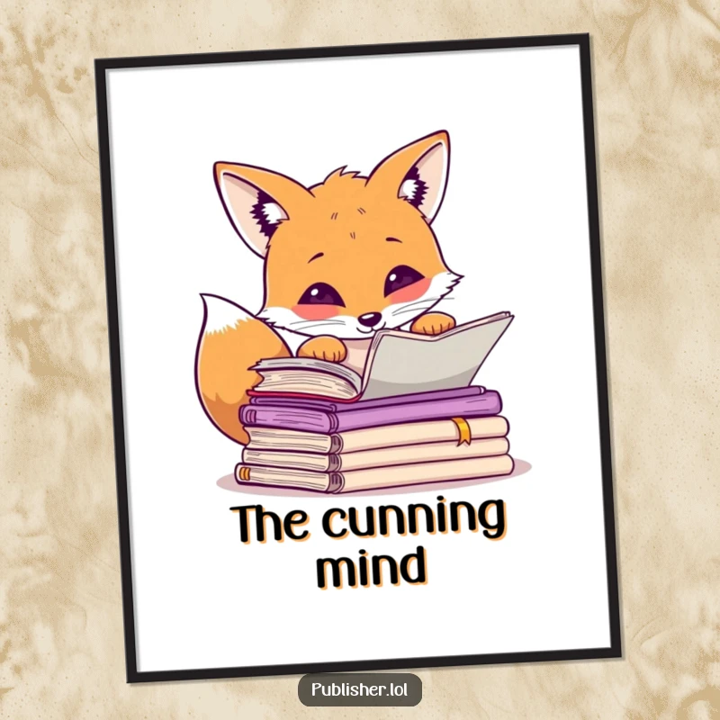 Funny curious fox peering over manuscripts, paw raised in thought, high-resolution digital art print.