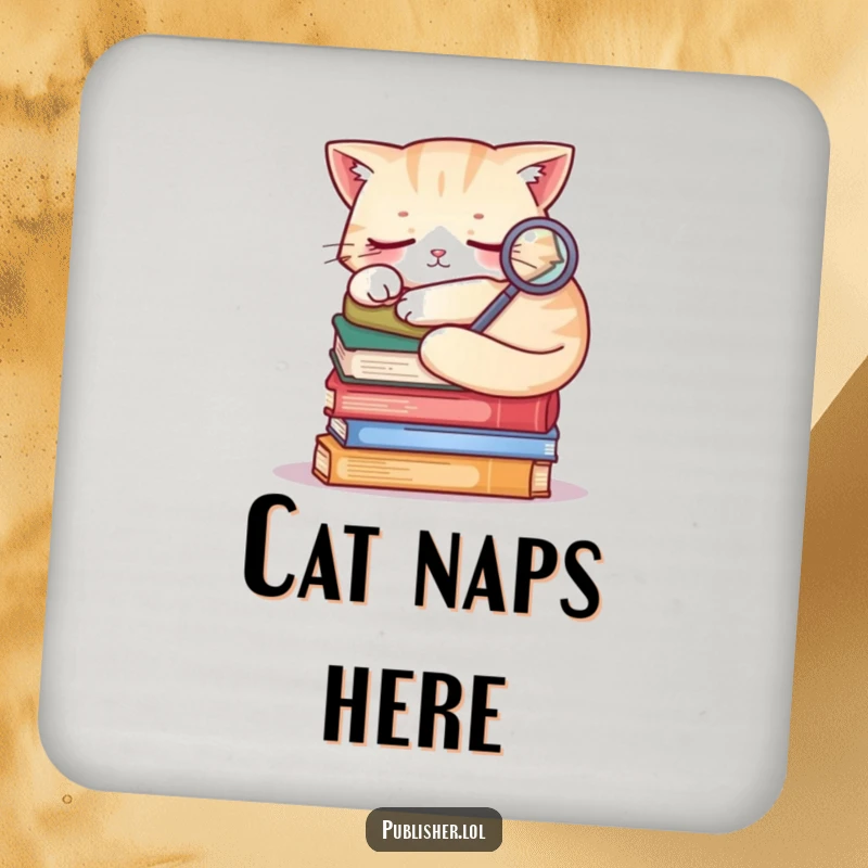 Funny sleepy cat on a stack of books, holding a magnifying glass, humorous drink coaster for book lovers.