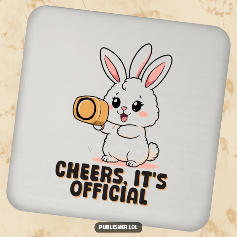 Funny drink coaster featuring an enthusiastic bunny character stamping a huge rubber stamp, adding a productive and humorous touch.