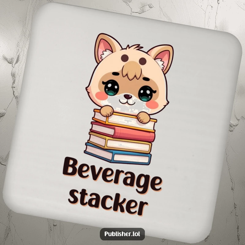 Funny coaster featuring a cute animal determinedly stacking books, adding a touch of literary charm to drink protection.