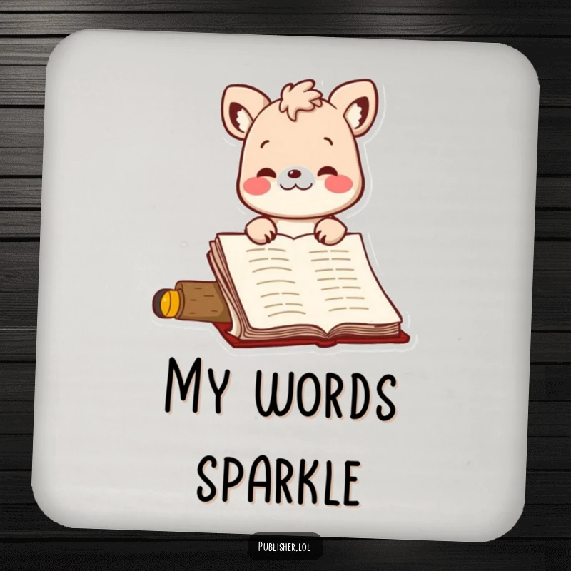 Funny drink coaster with a bouncing animal character nodding approvingly at a manuscript, adding a humorous touch to tables and desks.