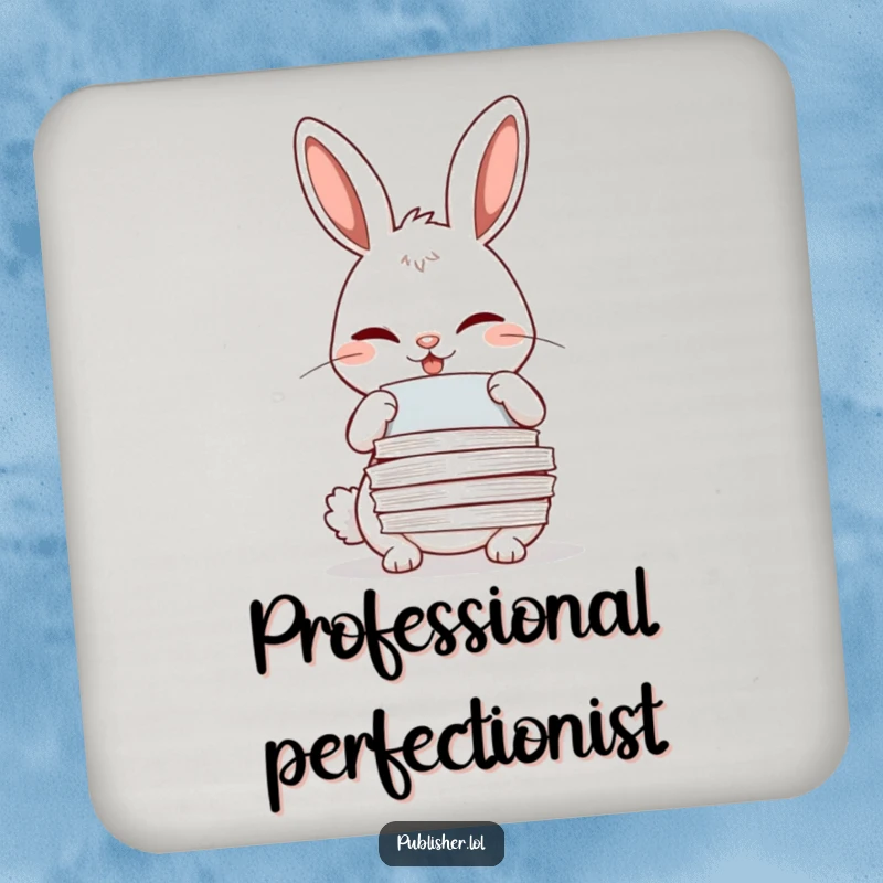 Funny winking rabbit adjusting papers with a meticulous grin on a protective drink coaster.