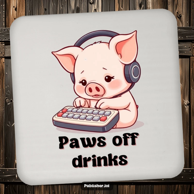 Funny round piglet with headphones, typing furiously on a small keyboard, humorous drink coaster for desk protection.
