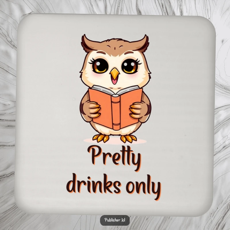 Funny cheerful owl character reviewing a book cover design on a set of coasters, providing protection with creative humor.