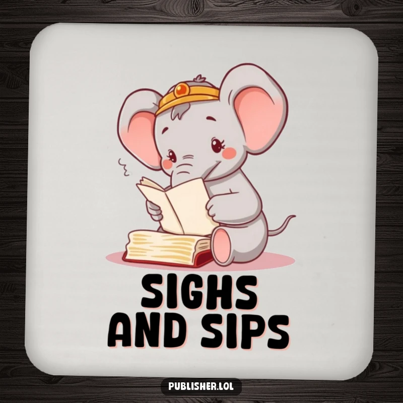 Funny drink coaster with a busy elephant character sorting through manuscripts with its trunk, adding a touch of humor and organization.