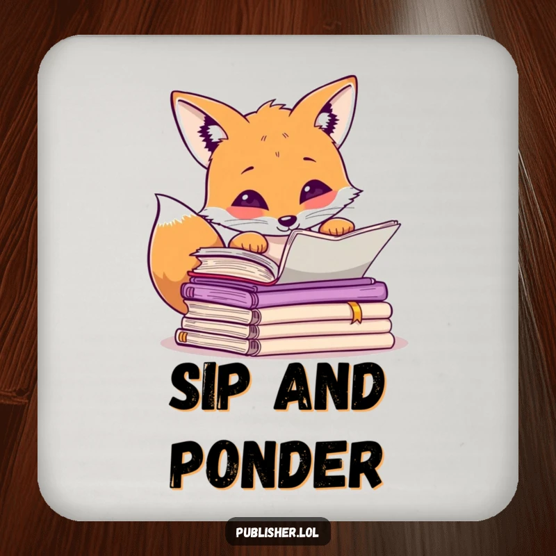 Funny curious fox peering over manuscripts, paw raised in thought, humorous drink coaster for desks.