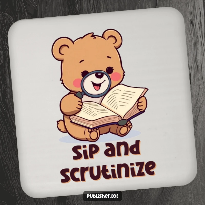 Funny drink coaster featuring a gleeful bear character using a magnifying glass to study a manuscript, adding literary humor.